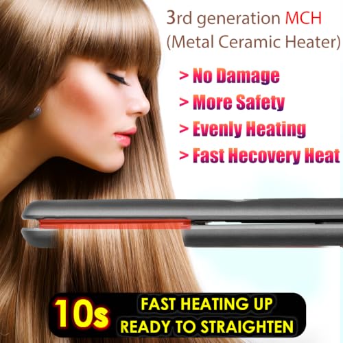 Image of NITION Ceramic Tourmaline Hair Straighteners LCD Flat Iron MCH 10s Fast Heating Up. 1 inch Smooth 3D Floating Plate Healthy Straightening Tools. Heat-Proof Glove. Dual Voltage Travel. Black
