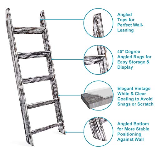 N\A Blanket Ladder - 4.5 Ft Wood Rustic Decorative Quilt Ladder Stand, Wall-Leaning White Vintage Wooden Throw Blanket Rack Holder
