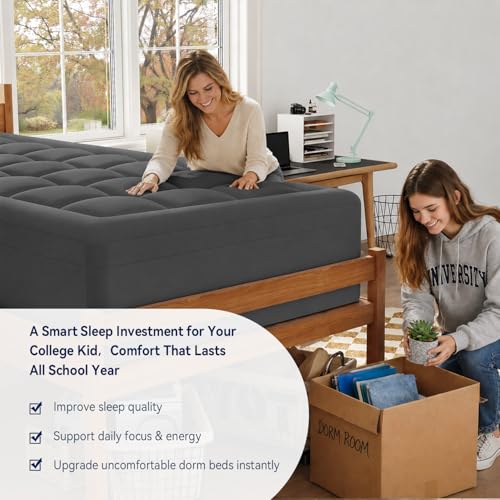 Image of ELEMUSE Twin XL Dorm Dual Layer 3 Inch Memory Foam Mattress Topper for College, Dorm Room Essentials, 2 Inch Cooling Gel Foam and 1 Inch Soft Pillow Top Bed Pad,Back to School,Grey
