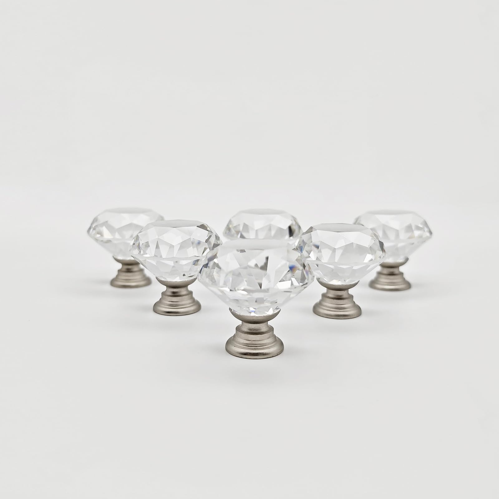 6 Pack Crystal Cabinet Knobs Brushed Nickel, Clear 30MM Diamond Glass Decorative Pull Handles for Dresser Drawers, Modern Kitchen Bathroom Furniture Hardware (Nickel Base, Small)