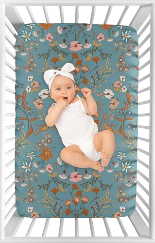 Image of Sweet Jojo Designs Baby Fitted Mini Crib Sheet (Blue Wildflower Vintage Floral) for Girls, Newborn /Infant Nursery, Play Yards, Portable Cribs (Boho, Botanical, Bohemian, Farmhouse, Cottagecore, Teal)