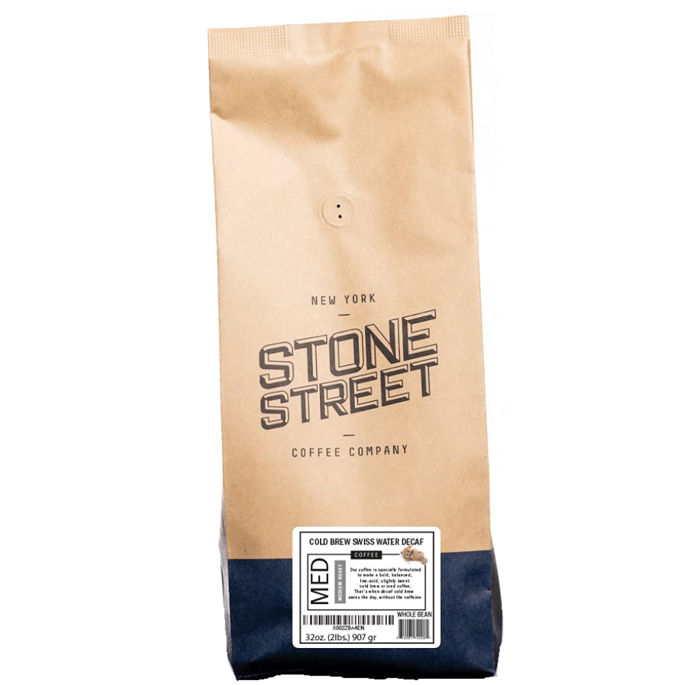 Stone Street Cold Brew Decaf Coffee Beans, Swiss Water Process, Low Acid, 100% Arabica, Gourmet Coffee, Medium Roast, Whole Bean, 2 LB