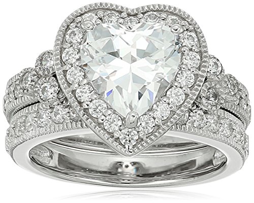 Platinum-Plated Sterling Silver Swarovski Zirconia Heart Antique Ring, Size 7