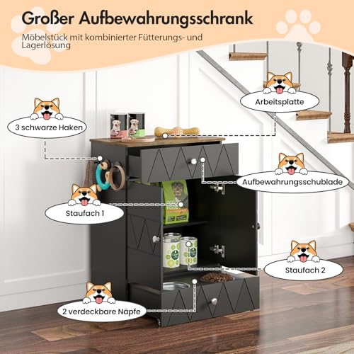 Haustier-Futterschrank mit Lagerschrank, Futterschrank Hund mit 2 Edelstahlnäpfen & 3 Haken, Hundefutterstation mit Schubladen & Verstellbarer Ablage, Hundebar für Hunde, 61x35,5x82,5cm (Schwarz)