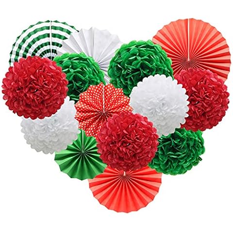 Red White Green Hanging Paper Party Decorations, Round Paper Fans Set Paper Pom Poms Flowers for Christmas Birthday Wedding Graduation Baby Shower Cover