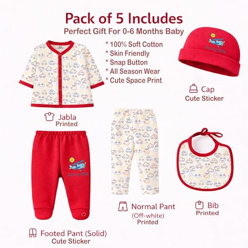 Image of Kidbee Baby Clothing Gift Set for Boys & Girls, 5 Piece Newborn Clothing Combo with Front Open Top, Pajama, Printed Pant, Cap & Bib, Soft Cotton, 0-6 Months Baby