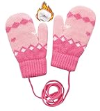 CXQRR Toddler Kids Knit Mittens for Girls Boys, Winter Gloves Doulbe Layer Thick Fleece Lining with String for Cold Weather