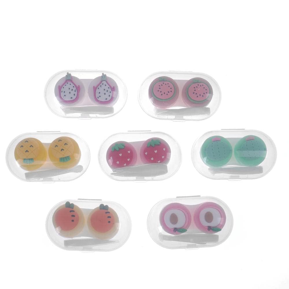IUAQDP 7 Stück Kontaktlinsenbehälter, auslaufsicher, niedlich, bunt, Obst, Einweichbehälter mit Pinzette, Stiftentferner, Mini-tragbarer Kunststoff-Klarsichtkontakt-Organizer für Reisen und Zuhause