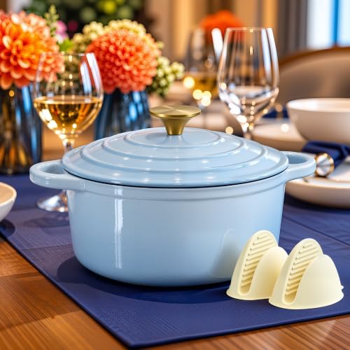 Nilpferd Gusseisen Topf Schmortopf Emaille Bräter, Puderblau, 24cm/4L – Ansicht 3
