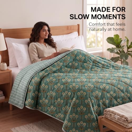 Image of BSB HOME Premium 280 GSM Quilted Comforter, Soft Plush Floral Printed Bedspread, Cozy Warm Reversible Blanket for Bedroom, Elegant Winter Bedding Comforter, 80 x 85 Inches (203 x 215 cm) -Mist Sage