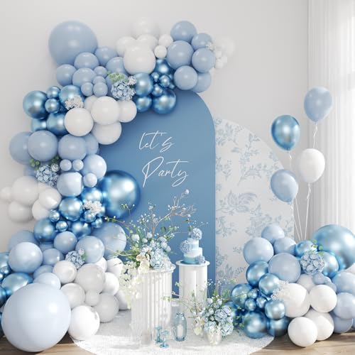 CELEBLOOM Dusty Blue Balloon Arch Kit 134pcs Metallic Blue and White Balloons Garland Kits for Birthday Wedding Baby Shower Bridal Party Anniversary Decorations