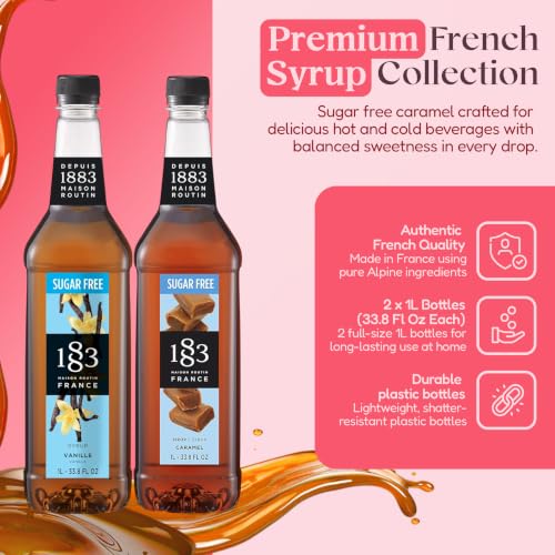 Image of 1883 Sugar Free Vanilla & Sugar Free Caramel Syrups (Cafe Variety Pack) for Coffee & Drinks - 1 Liter Plastic Bottles (Pack of 2)