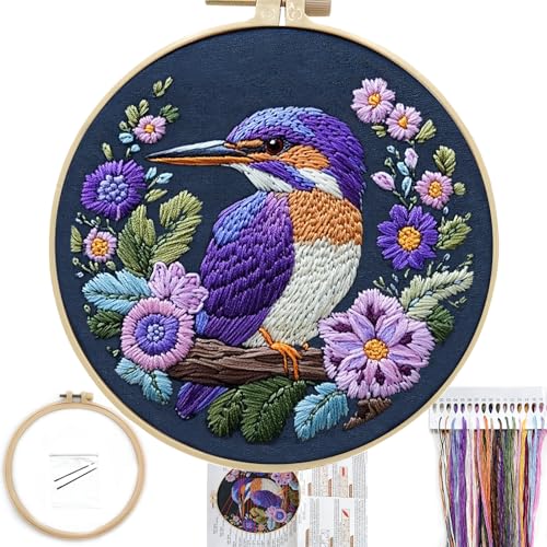 Image of FONNUY Embroidery Kit for Beginners, Birds with Flowers Pre-Stamped Pattern Kits for Adults with Hoop, Easy to Follow Color Thread Needlework, 8'' Hoop (Purple 2)
