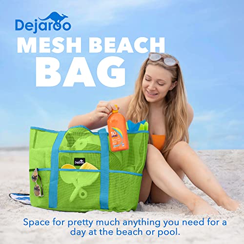 Dejaroo - Sand Free Mesh Bag - Strong Lightweight Tote For Beach & Vacation Essentials. Tons of Storage with 8 Pockets, Foldable, 17x9x15 inches, Green with Aqua Straps - Thumbnail 2