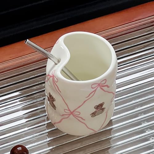 Taza de cerámica rosa con pajilla 12oz diseño oso miniatura 7