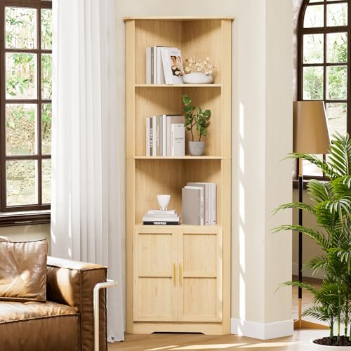 67'' Tall Corner Cabinet with 2 Doors and Storage Shelves,Modern Storage Cabinet with Barn Door Design, Home Space Saver for Living Room, Kitchen, Bathroom, Laundry Room, Natural Wood