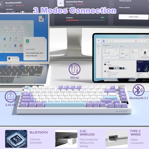 Image of ATTACK SHARK Ajazz AK820 Pro Mechanical Keyboard with Knob&TFT Display,Bluetooth 5.1 /2.4G Wireless /Type-C Wired 75% Percent Keyboard,5 Sound Absorbing Foams,South RGB (Purple, Flying Fish Switch)