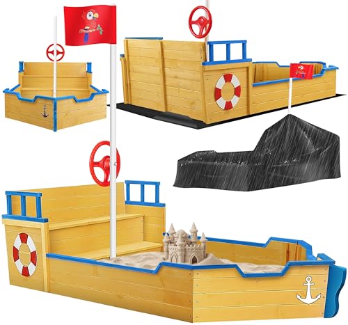 KIDIZ® Bac à Sable AHOI - Pirate - Bateau à Voile en Bois - avec Couvercle - Bâche de Sol, Banquette, mât de Drapeau - Grand- pour Le Jardin - Boîte à...
