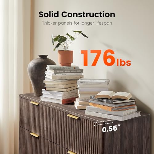 Image of Amada Modern 6 Drawer Dresser, Fluted Wood Chest of Drawers with Rounded Corners, Pre-Installed Drawer Slides, Dresser TV Stand and Storage Organizer for Bedroom, Hallway, Walnut