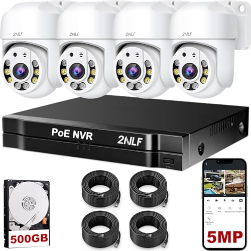 El Mejor Listado de Kit de Camaras los mejores 10. 49 2NLF 5MP Kit de Cámaras de Vigilancia Exterior CCTV, Nuevo Sistema de Seguridad NVR IP PoE con Disco Duro 500GB, Detección Humana por IA, Visión Nocturna a Color y Audio...