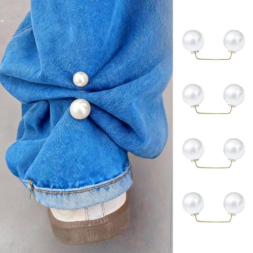 Wzttdm 4 Pcs Pearl Jeans Ankle Clip, Pant Leg Clamp, Pants Length Adjuster, Adjustable Hem Clips for Pants Sleeves