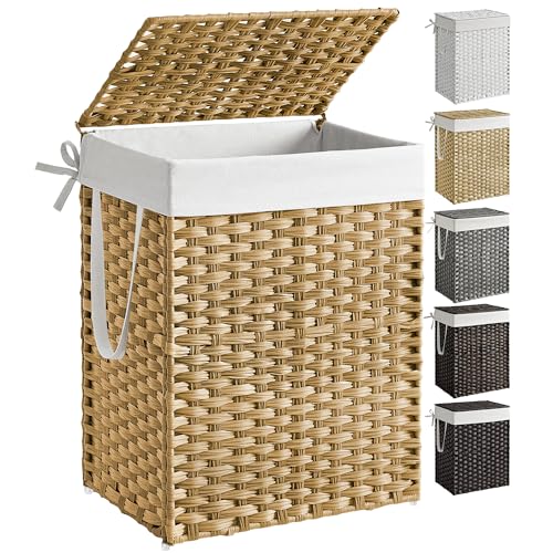 SONGMICS Laundry Hamper with Lid, 23.8 Gallon (90 L) Synthetic Rattan Clothes Laundry Basket with Lid and Handles, Foldable, Removable Liner, Goose Yellow ULCB51NL Goose Yellow 90 L