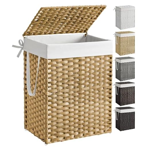 SONGMICS Handwoven Laundry Hamper, 23.8 Gal (90L) Synthetic Rattan Clothes Laundry Basket with Lid and Handles, Foldable, Removable Liner Bag, Natural ULCB51NL