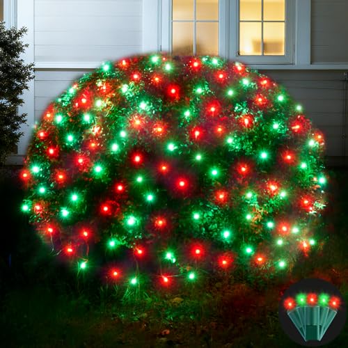 Image of Led Net Lights Christmas Lights Outdoor 200Led 9ftx6ft Upgraded Red and Green Christmas Net Lighting, Waterproof 5mm LED Wide Angle Outdoor Indoor Mesh Net Light for Trees, Bushes, Shrubs Decorations