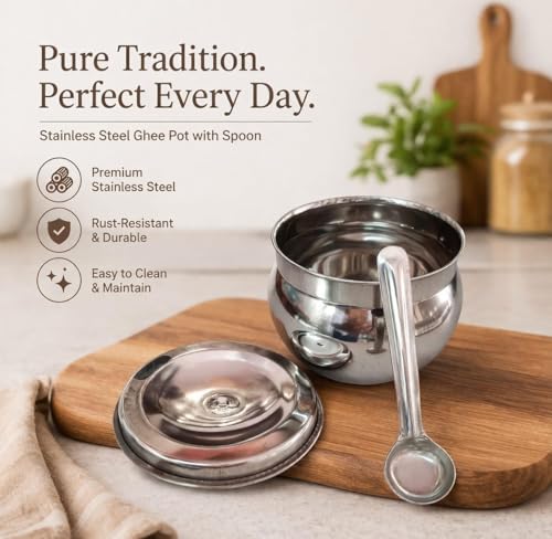 Image of AQUANERO+ Stainless Steel Ghee Pot Set of 2 with Tray and Spoon, for Storing and Serving Ghee, Oil, Chutney, Pickles, and Spices Food Grade Quality