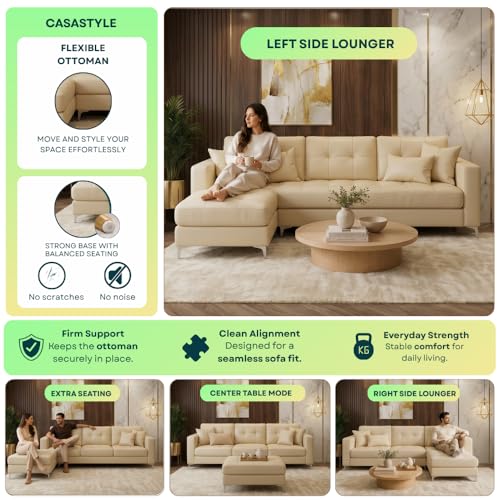 Image of CASASTYLE Creamoy 4 Seater L Shape Sofa Set with Movable Ottoman | Flexible Left or Right Layout | Premium Leatherette | Soft Touch Seating | Ideal Sofa for Living Room (Cream)