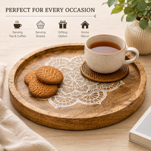 Image of Round Wooden Tray 10 Inch with Mandala Design | Mango Wood Serving Tray for Coffee Table, Snacks, Breakfast & Home Decor | Rustic Decorative Centerpiece Tray for Kitchen & Living Room