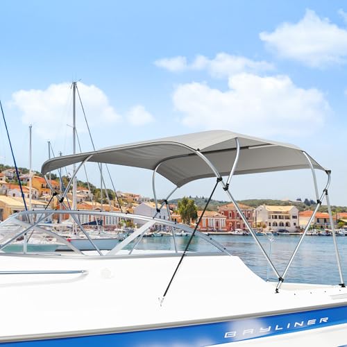 MHirmosy 4 Bow 91-96 W Bimini Top for Boat 900D Boat Canopy Includes 2 Straps 2 Rear Support Poles Jon Boat Sun Shade Cover Folding Pontoon Bimini Top with Frame Gray