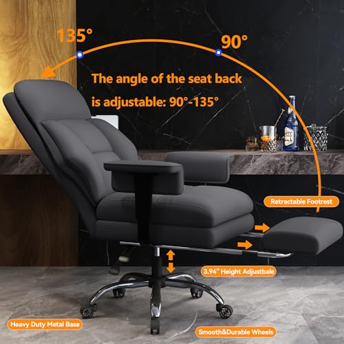 Image of Office Chair with Leg Rest, Leather High Back Executive Office Chair with Wheels, Ergonomic Desk Chairs with Lumbar Support for Home Office, Gray