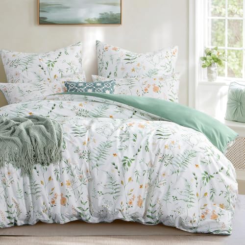 Aisbo Super King Bedding Duvet Cover Sets - 3 Pieces Floral Bedding Set White and Sage Green Soft Brushed Microfiber Superking Bed Quilt Cover with 2 Pillowcase 260x220 cm