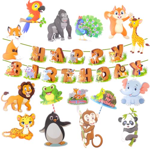 Image of Party Decorz Animal /Jungle /Safari Theme Birthday Paper Decoration Set Of 16pcs(1pcs Happy Birthday Banner +12pcs Animal Paper Cutout +2pcs Props +1pcs Cake Topper)For Kids Animal Theme Birthday Party