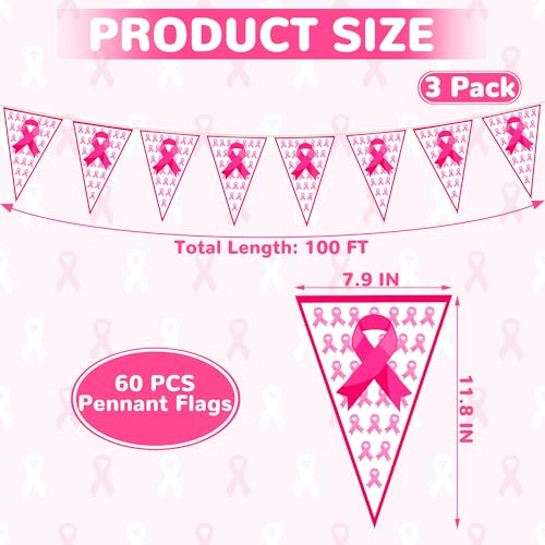 Image of 100 FT Breast Cancer Awareness Decorations, 3 Pack Pre-assemble Pink Ribbon Pennant Banner Flags, 60 PCS Plastic Pennants Flags Indoor Outdoor Party Supplies Home Office Ceiling Wall Hanging Decor
