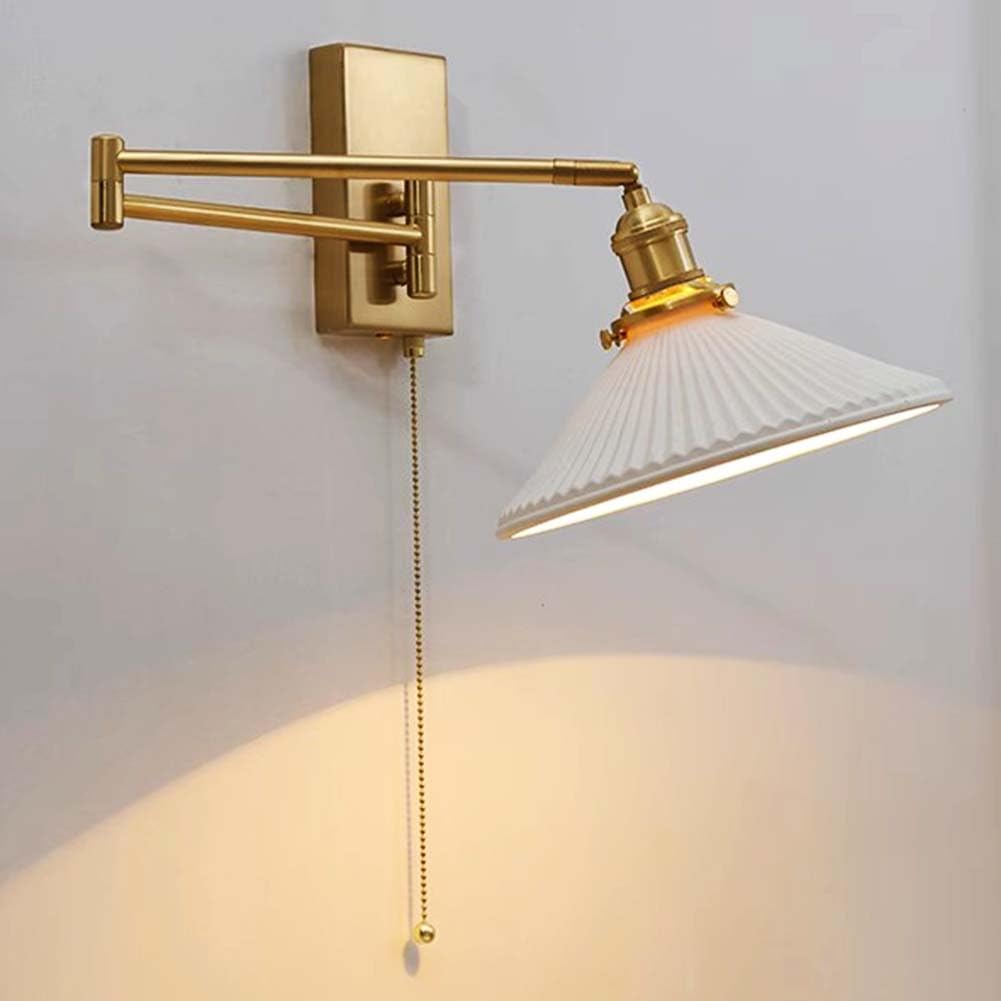 Vintage Industrie Wandleuchte mit Schalter Innen Wandlampe Keramik Lampenschirm Leselampe Gold Faltbar Wandbeleuchtung mit Schwenkbarem Arm Nachttischlampe E27 Fassung für Wohnzimmer Schlafzimmer
