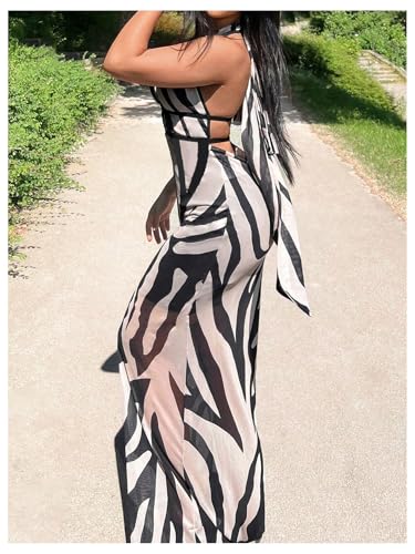 Image of MakeMeChic Women's Zebra Print Dress Halter High Waist Mesh Bodycon Backless Maxi Dresses Multicolor X-Large