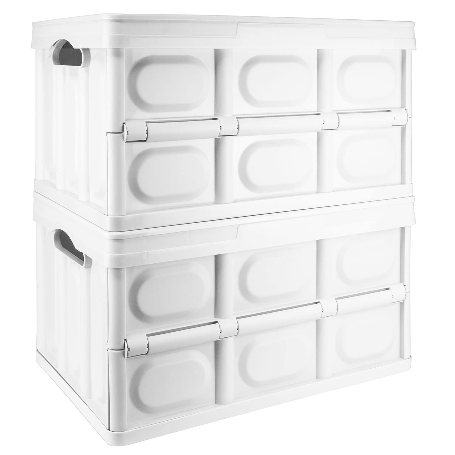TekBox 56L White Storage Box with Lid Folding Stackable 56 Litre Lidded Plastic Crate Tub Boxes (2)