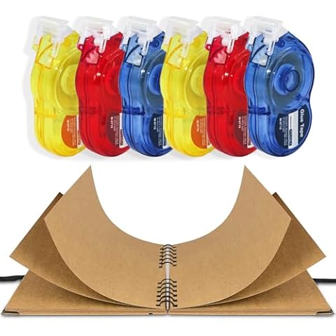 6 Pack Double-Sided Tape Rollers (0.31 in x 32 ft) for Scrapbooking, Crafting, and Photo Art, Along with an 8x8 Inch Hardcover Scrapbook Featuring 60 Brown Blank Pages - Suitable for Travel and Birthd Cover