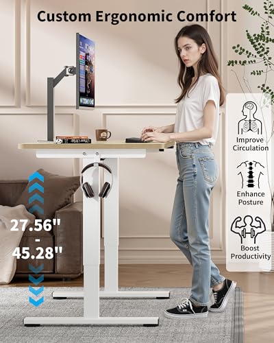 Image of Okin Small Electric Standing Desk, 36 inch x 24 inch Whole Piece Height Adjustable Desk, Oak Sit to Stand Computer Workstation with Wheels for Home Office