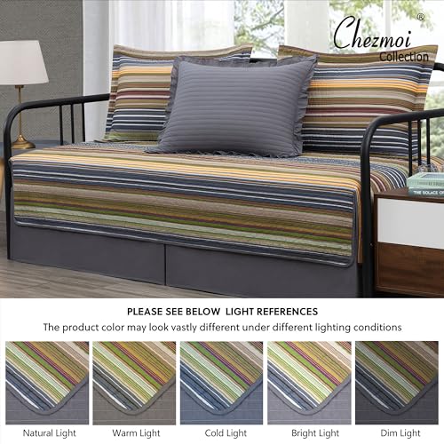 Image of Chezmoi Collection Avery Striped Cotton Quilt Set Daybed Size, 5-Piece Soft Pre-Washed 100% Cotton Quilt, Multi-Color Green