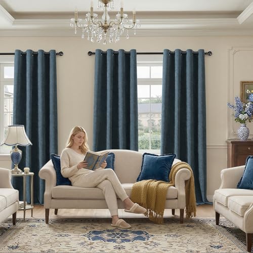 Image of 100% Blackout Curtains for Bedroom, Luxury Chenille Thermal Insulated Drapes for Living Room, Energy Saving Room Darkening 108 Inch Long Curtains, Grommet Top, 2 Panels, 52 inch W x 108 inch L, Blue