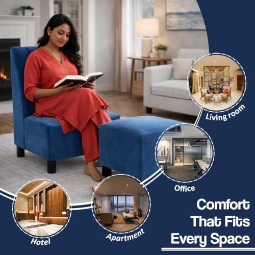 Image of Rosebell Sofa Set with Ottoman Combo One Seater Sofa Set with Matching Footrest for Living Room & Bedroom, Office - Blue