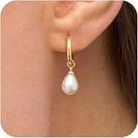 Robaice 14K Gold Plated Pearl Dangle Earrings for Women - Hypoallergenic Small Huggie Hoop Drop, Trendy Wedding Gift Jewelry