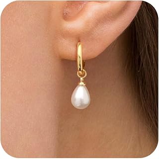 Robaice 14K Gold Plated Pearl Dangle Earrings for Women - Hypoallergenic Small Huggie Hoop Drop, Trendy Wedding Gift Jewelry