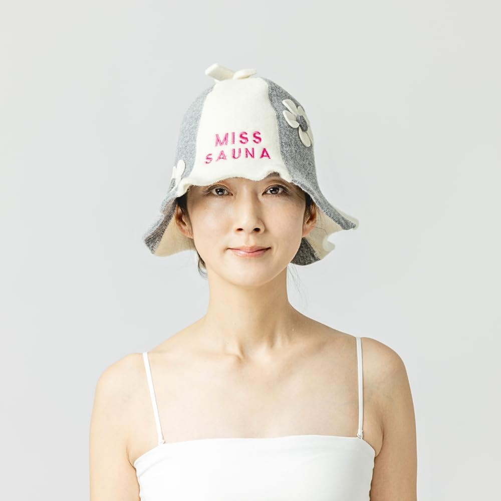 Sauna Hat 'Miss Sauna Flowers' White/Grey - 100% Organic Wool Felt Hats for Russian Banya - Protect Your Head from Heat - Sauna eBook Guide Included - with Embroidery