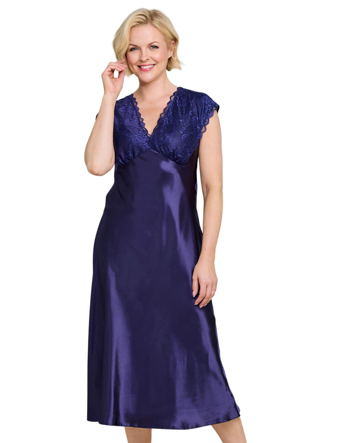 Chums Ladies Luxury Satin and Lace Nightdress Charmeuse Weave Soft Silky Sleepwear with Back Ties Indigo 18-20