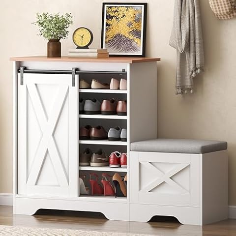 SogesHome Shoe Storage Cabinet with Shoe Bench, 5-Tier Shoe Cabinet with Adjustable Shelves, Framehouse Shoe Storage with Sliding Door for Entryway, Hallway & Living Room, White Cover