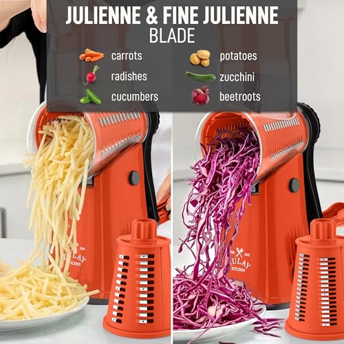 Image of Zulay Kitchen Rotary Cheese Grater 5 Blade Cheese Shredder - Manual Hand Crank Cheese Grater With Reinforced Suction & 5 Interchangeable Drums - Easy to Use, Vegetable Chopper Round Mandoline Slicer